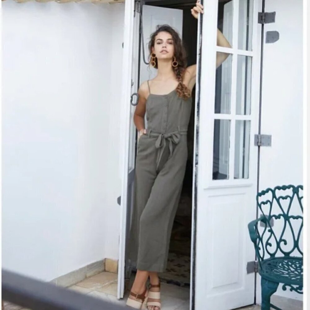 Rails Harper Button Front Cropped Linen Jumpsuit Olive Green